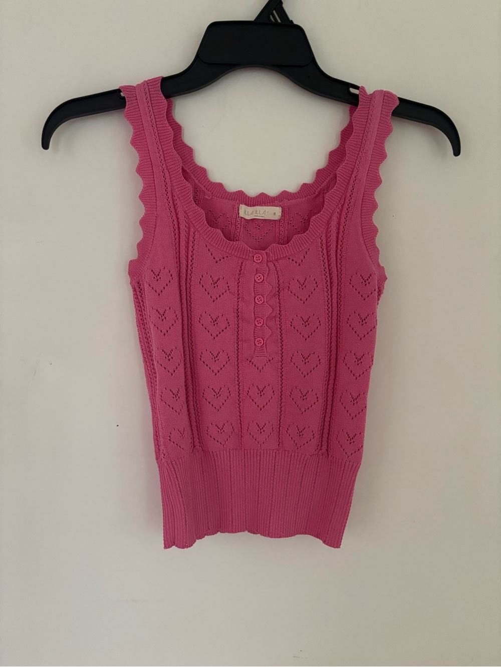 ILLA ILLA Pink Heart Pointelle Knit Tank Small Coquette Cottagecore Scallop Trim